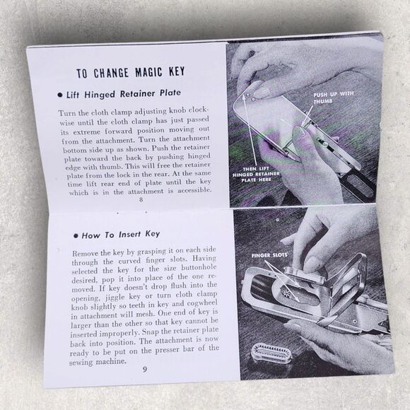 Vintage Domestic Magic Key Buttonhole Worker Attachment Set Templates & Manual - Picture 8 of 16